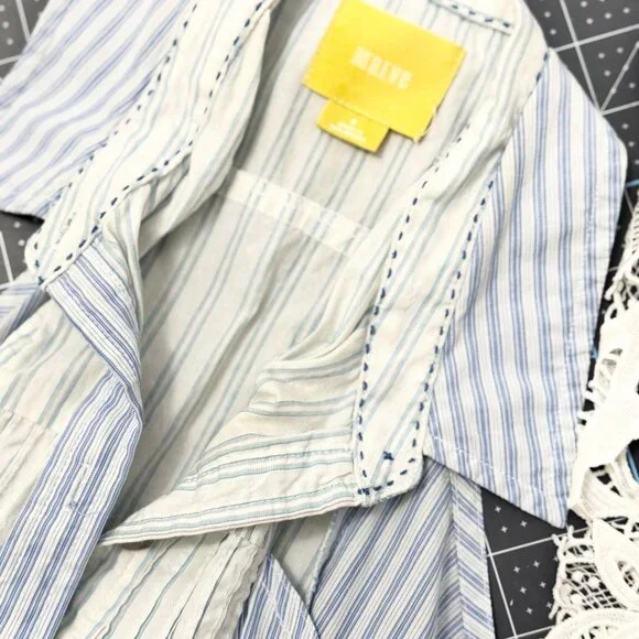 Maeve Blue, White Pinstriped Sleeveless Button-Down Top Blouse w/Collar, 0 - Picture 7 of 8